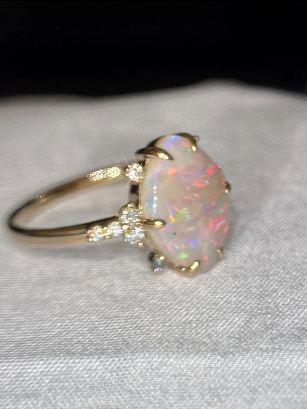 Australian Opal and Diamond Halo Ring in 14k Yellow Gold - Iridescent Opal - Picture 7 of 12